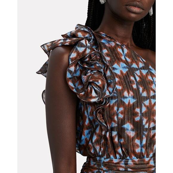 Ulla Johnson Kaia Ruffled One Shoulder Mini Dress NWT Blue/Brown Multi Size 2 - Picture 5 of 8